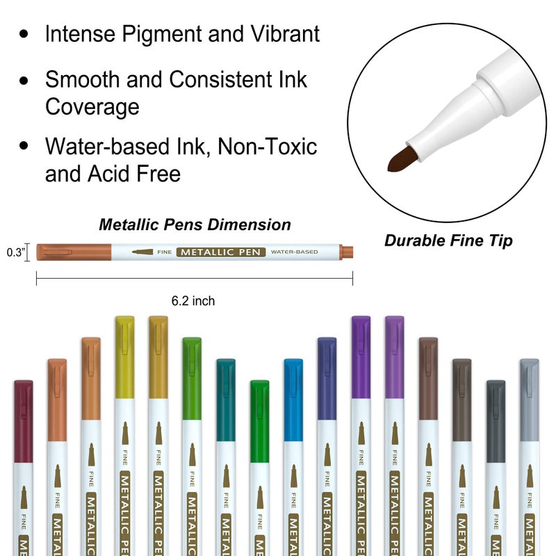 Lineon 18 Pack Metallic Marker Pens, Lineon 16 Colors Fine Tip Paint Pens with 2 Stencils for DIY Craft Photo Album Rock Art Painting Card Making Glass Wood - Image 3